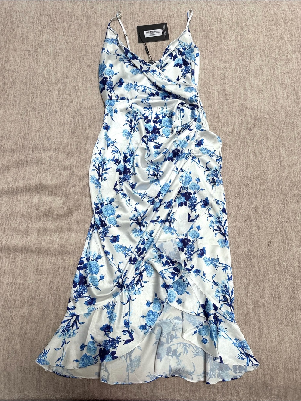 Pretty Little Thing Blue Floral Satin Midi Dress with Ruffle Hem US 4 SMALL NWT